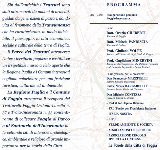 Programma dell'inaugurazione del percorso Regio Tratturo Foggia-Ordona-Lavello